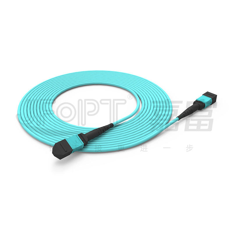 MPO-MPO Trunk Cable Aqua Round Boot Fiber Optic Pigtail Patch Cord para soluções de rede versáteis
